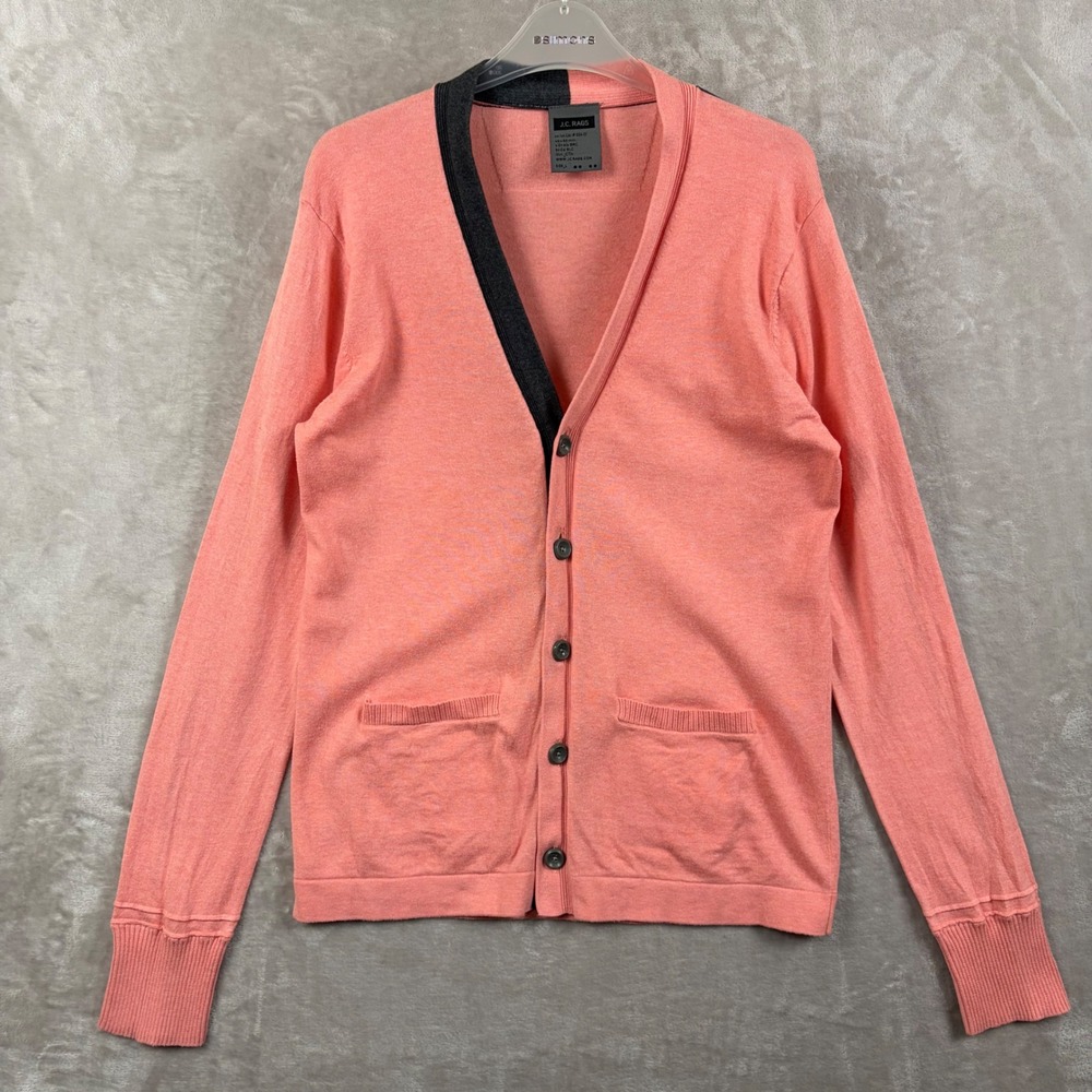 JC Rags Mens Coral Pink Cotton Button Front Cardigan Sweater Contrast Trim L
